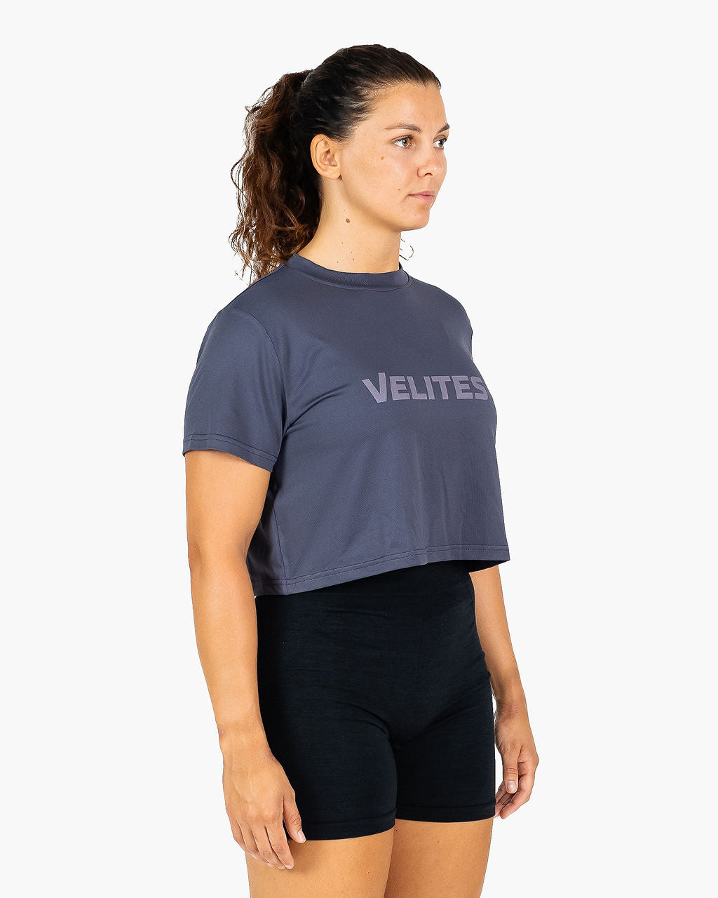 Velites Holo women's crop t-shirt three-quarter color_Stone Grey