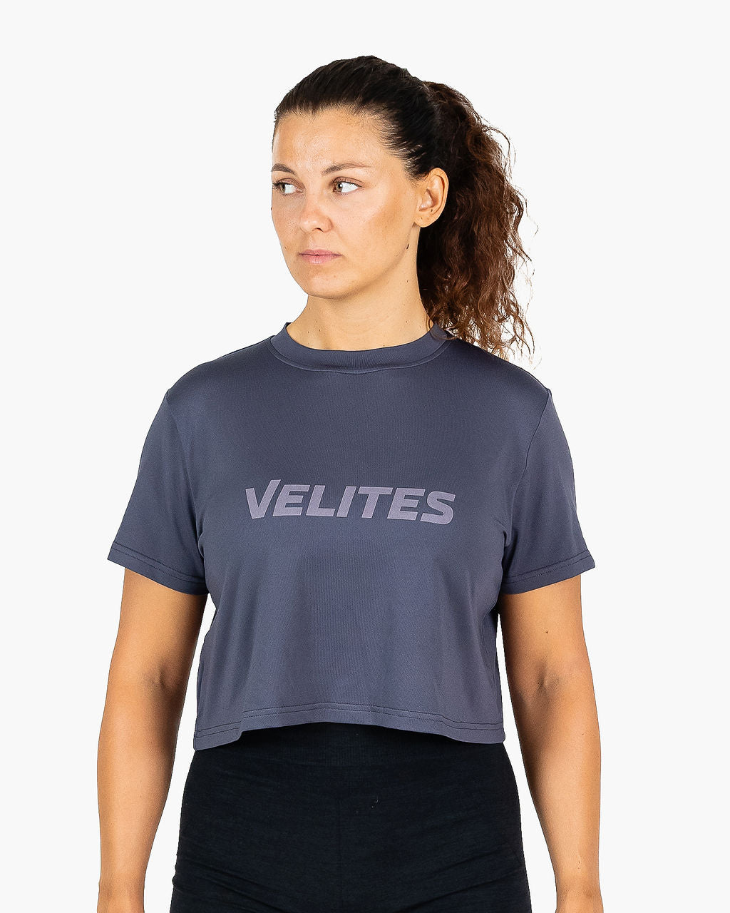 Velites Holo women's crop t-shirt front color_Stone Grey