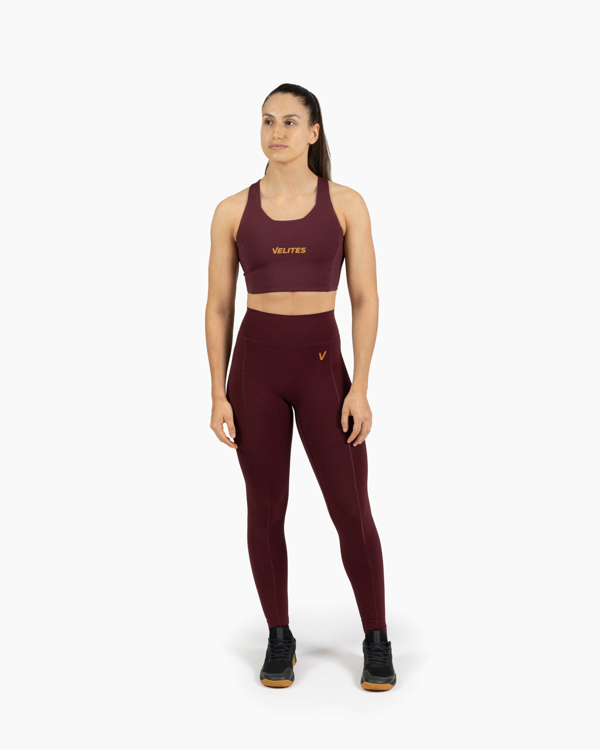 High neck bra Holo Velites female model front color_Pomegranate