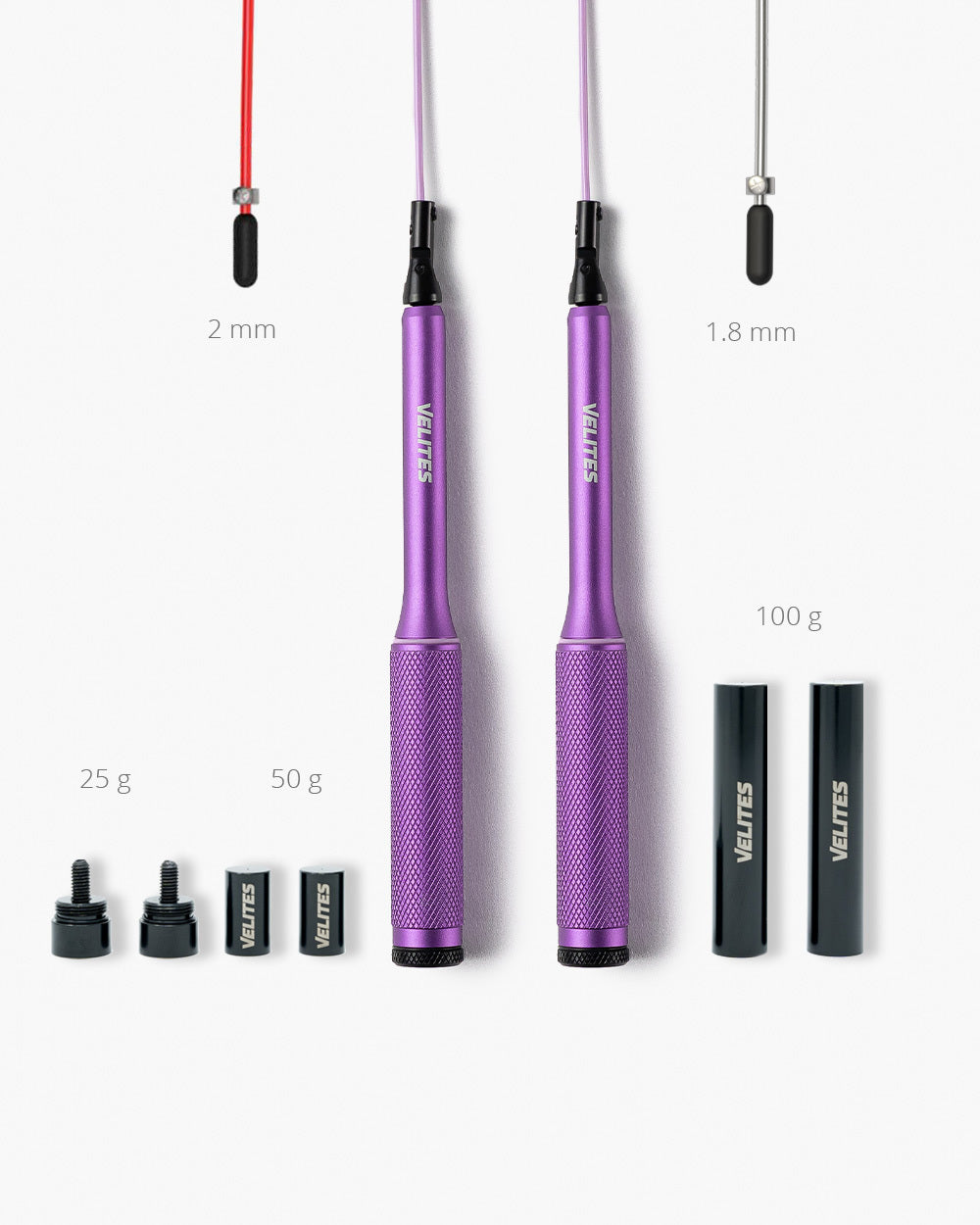 Velites Fire Jump Rope pack with purple handles, interchangeable 2 mm and 1.8 mm cables, and 25 g, 50 g, and 100 g weights for speed and precision workouts.